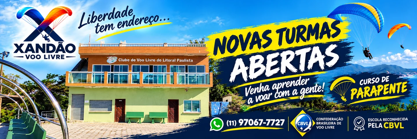 Xandão Voo Livre. Liberdade tem endereço: novas turmas abertas, venha aprender a voar com a gente. Curso de parapente no Clube de Voo Livre do Litoral Paulista. WhatsApp (11) 97067-7727. Escola reconhecida pela CBVL, Confederação Brasileira de Voo Livre.